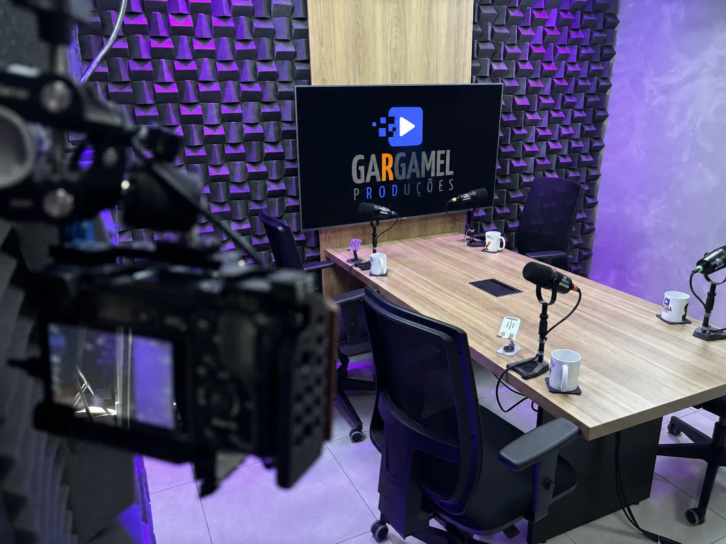 Estúdio da Gargamel Produções: mesa de gravação com microfones, cadeiras e câmera profissional